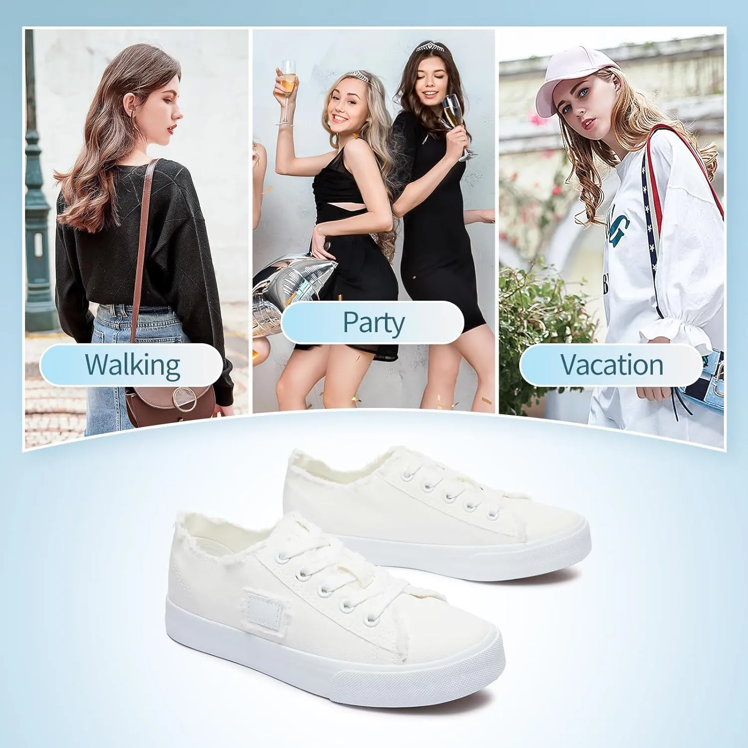 BENPAO Women's White Canvas Shoes Black Canvas Fashion Sneakers for Women Comfortable Casual Tennis Shoes Low Top Walking Shoes