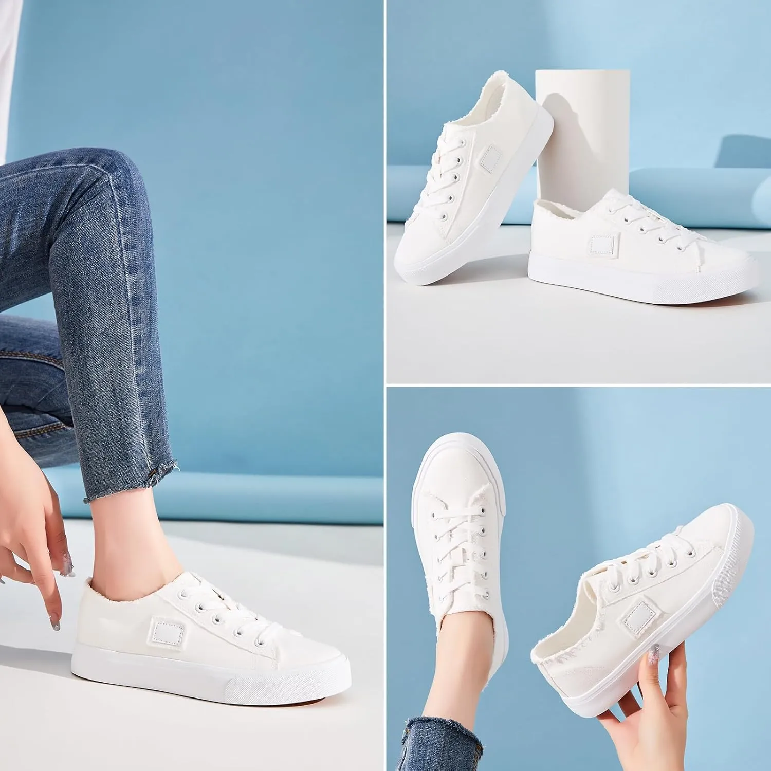 BENPAO Women's White Canvas Shoes Black Canvas Fashion Sneakers for Women Comfortable Casual Tennis Shoes Low Top Walking Shoes