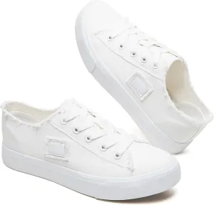 BENPAO Women's White Canvas Shoes Black Canvas Fashion Sneakers for Women Comfortable Casual Tennis Shoes Low Top Walking Shoes