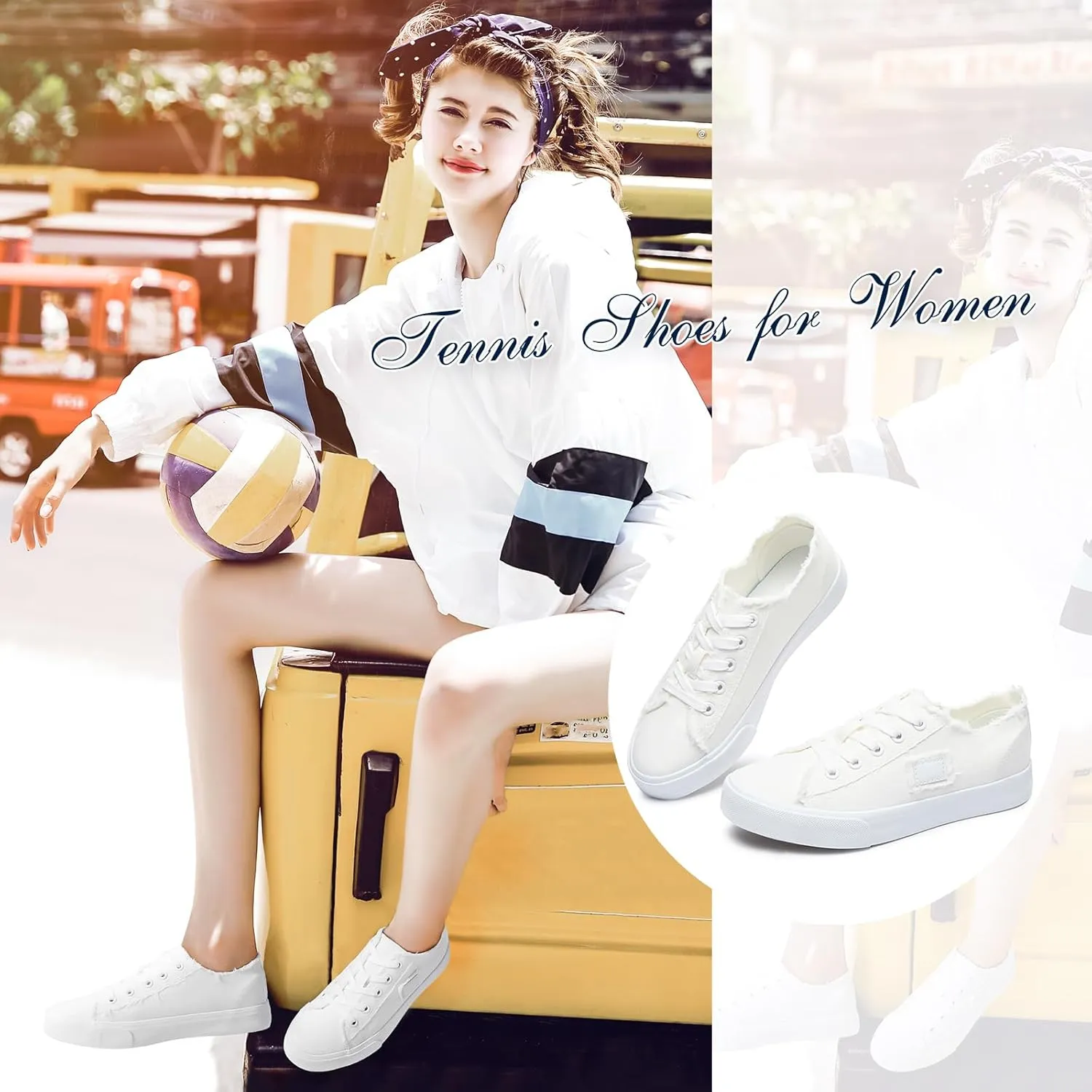 BENPAO Women's White Canvas Shoes Black Canvas Fashion Sneakers for Women Comfortable Casual Tennis Shoes Low Top Walking Shoes
