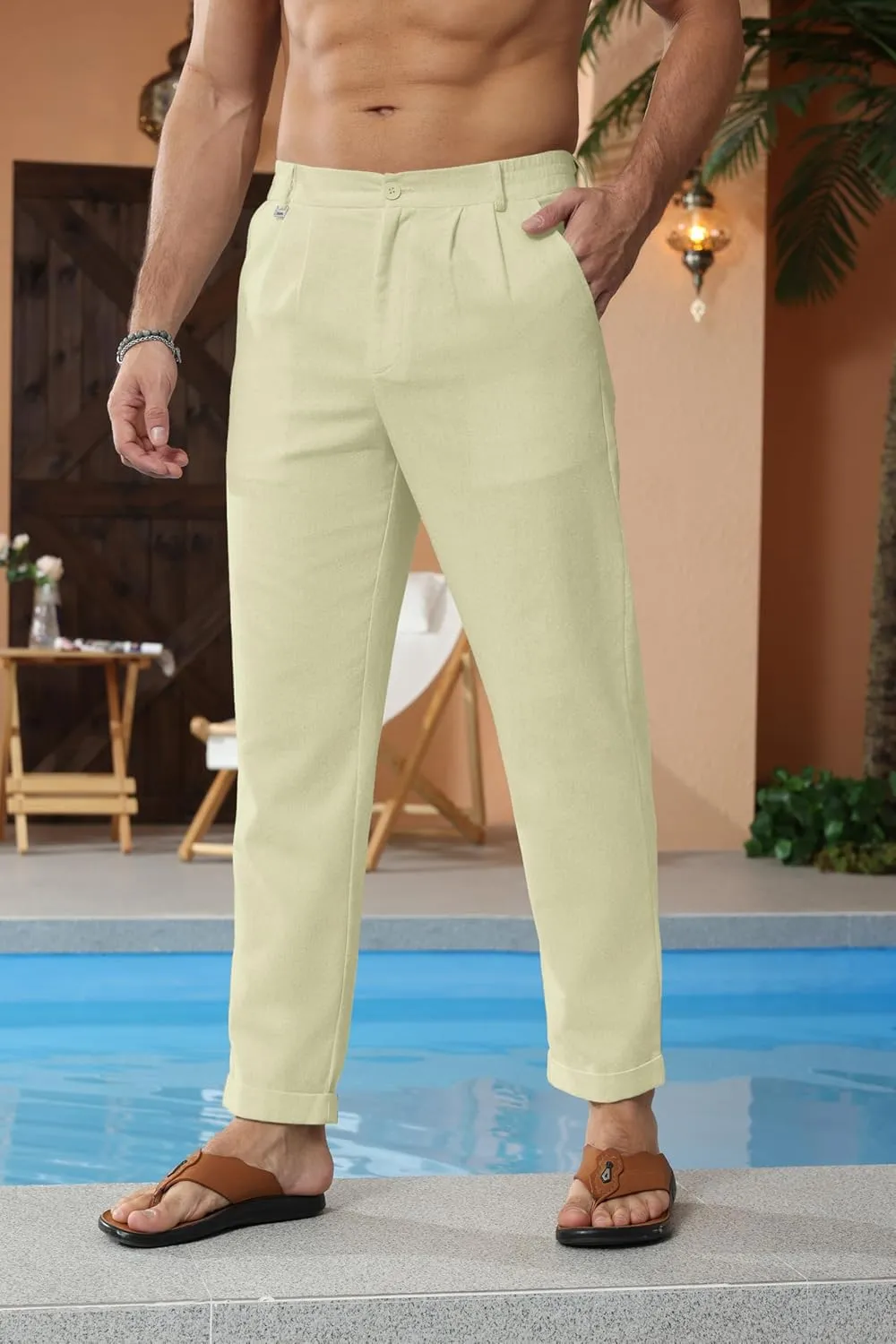 Beotyshow Mens Linen Pants Casual Elastic Waist Trousers Summer Beach Lightweight Pants