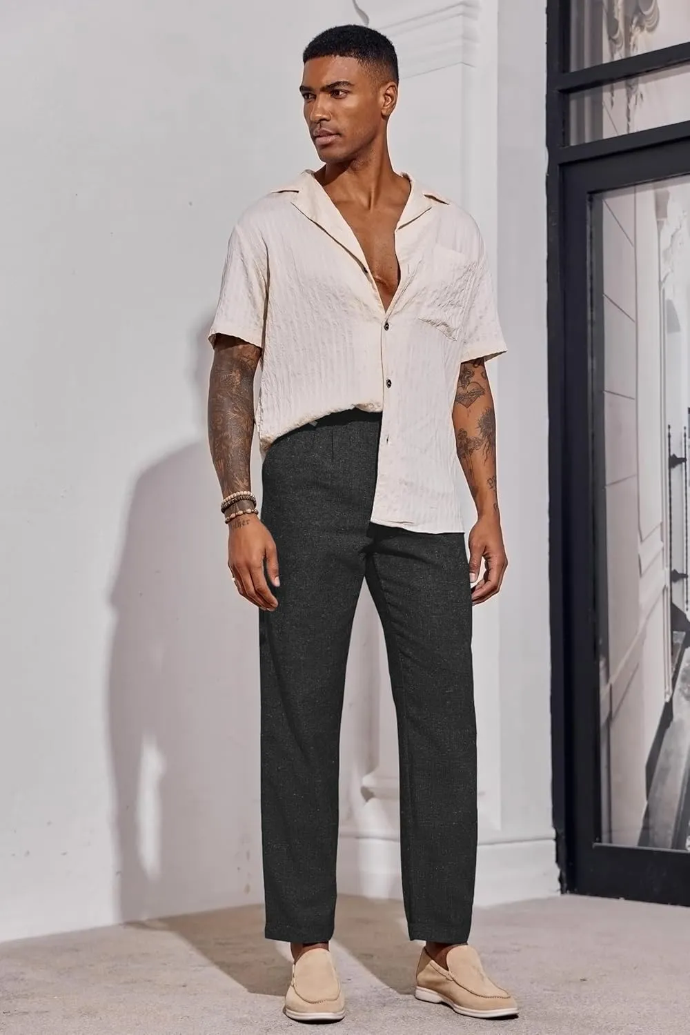 Beotyshow Mens Linen Pants Casual Elastic Waist Trousers Summer Beach Lightweight Pants