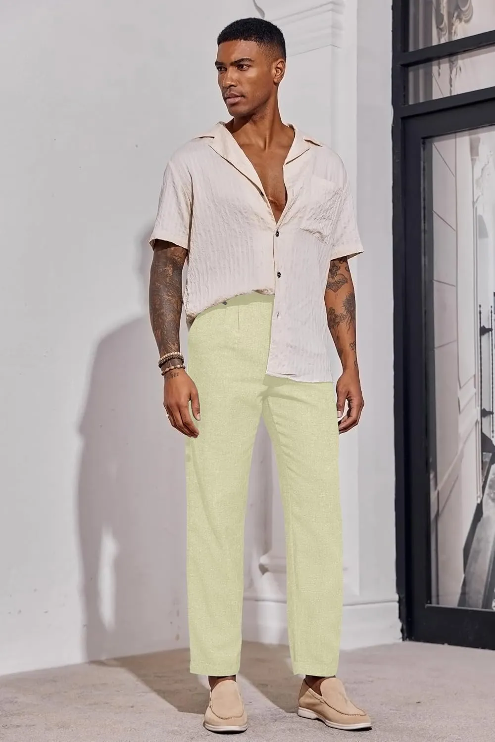 Beotyshow Mens Linen Pants Casual Elastic Waist Trousers Summer Beach Lightweight Pants