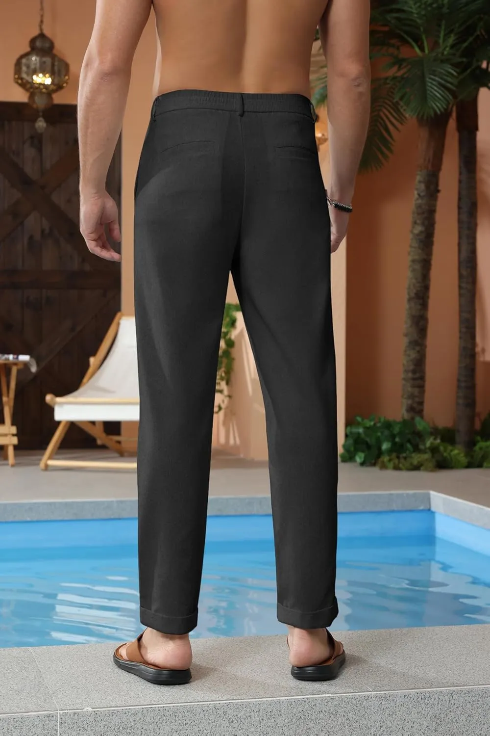 Beotyshow Mens Linen Pants Casual Elastic Waist Trousers Summer Beach Lightweight Pants