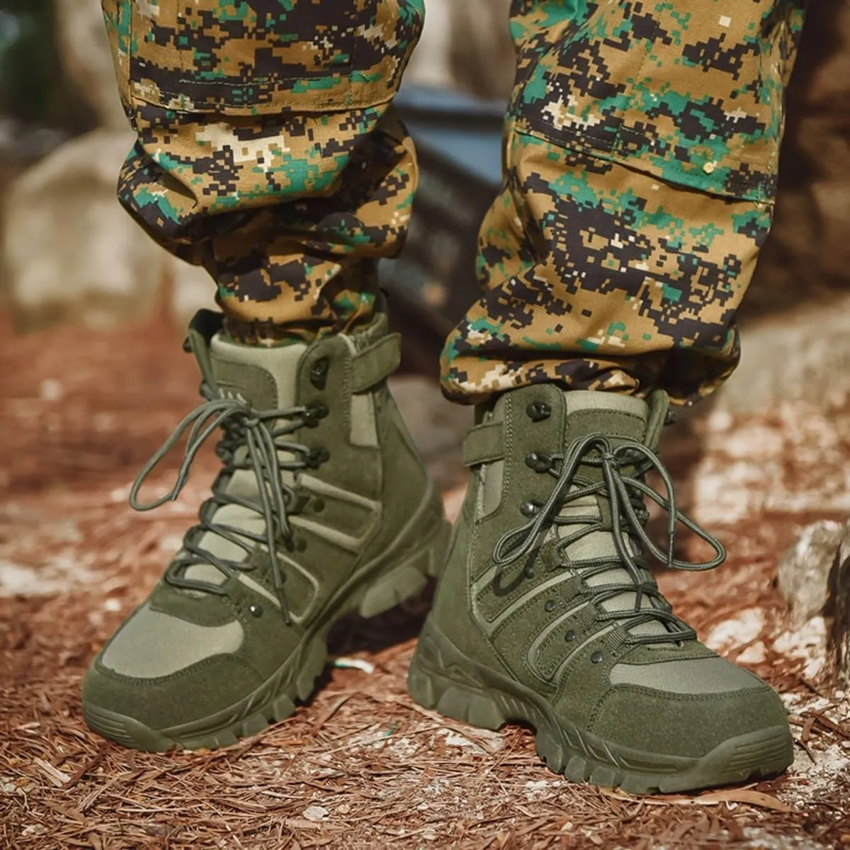 Bitiger Men's Combat Boots with Side Zipper Velcro and Casual Outdoor Mountaineering Trekking Commando Tactical Boots