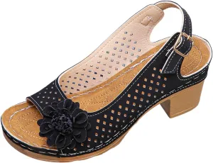 Block Heel Sandals for Women 2025 Open Toe Summer Casual Solid Color Hollow Out Floral Decor Slingback Chunky Cut-Out Party Dress Wedding Dance Comfort Dressy Fish Mouth Flowers Comfortable Shoes