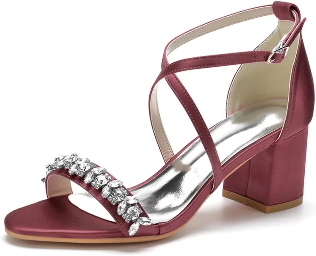 Block Heel Wedding Sandals for Birde Crystals Cross Strap Open Toe Bridal Sandal Heels