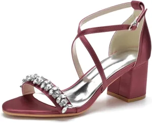 Block Heel Wedding Sandals for Birde Crystals Cross Strap Open Toe Bridal Sandal Heels
