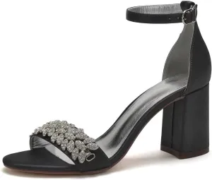 Block Heel Wedding Sandals Shoes for Bride Open Toe Crystals Formal Party Heels Sandal 1151-3