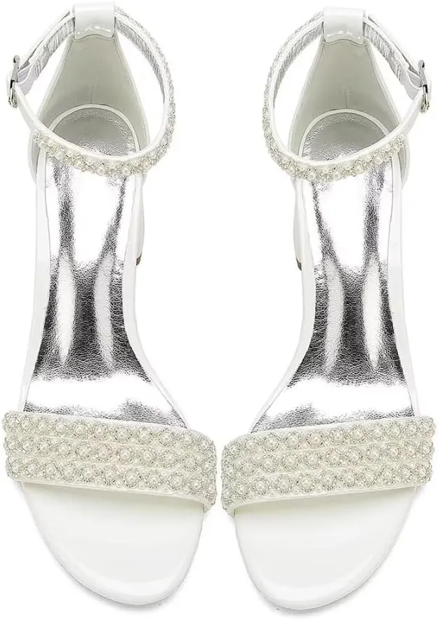 Block Heels Pearls Wedding Sandals Open Toe Ankle Strap Evening Party Summer Shoes