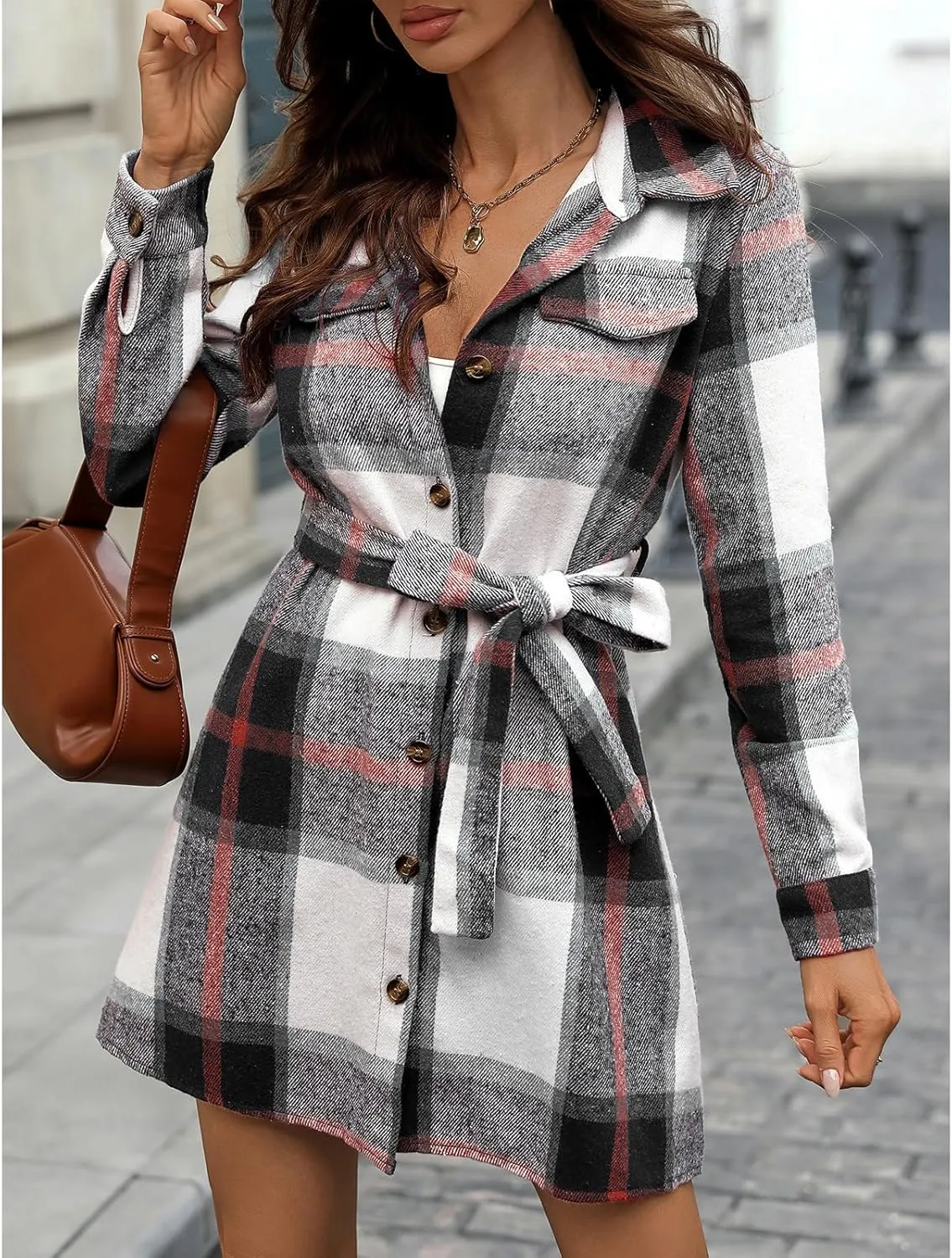 Blostirno Womens Flannel Plaid Shirts Dress Button Down Long Sleeve Lapel Tartan Casual Shacket Jacket with Belt