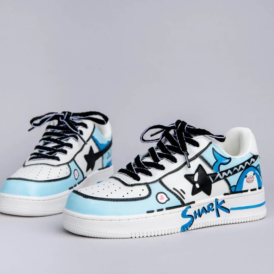 Bobo's House Unisex Hand-Painted Blue Shark Chunky Sneakers Kawaii Ocean-Inspired Vegan Platform Shoes