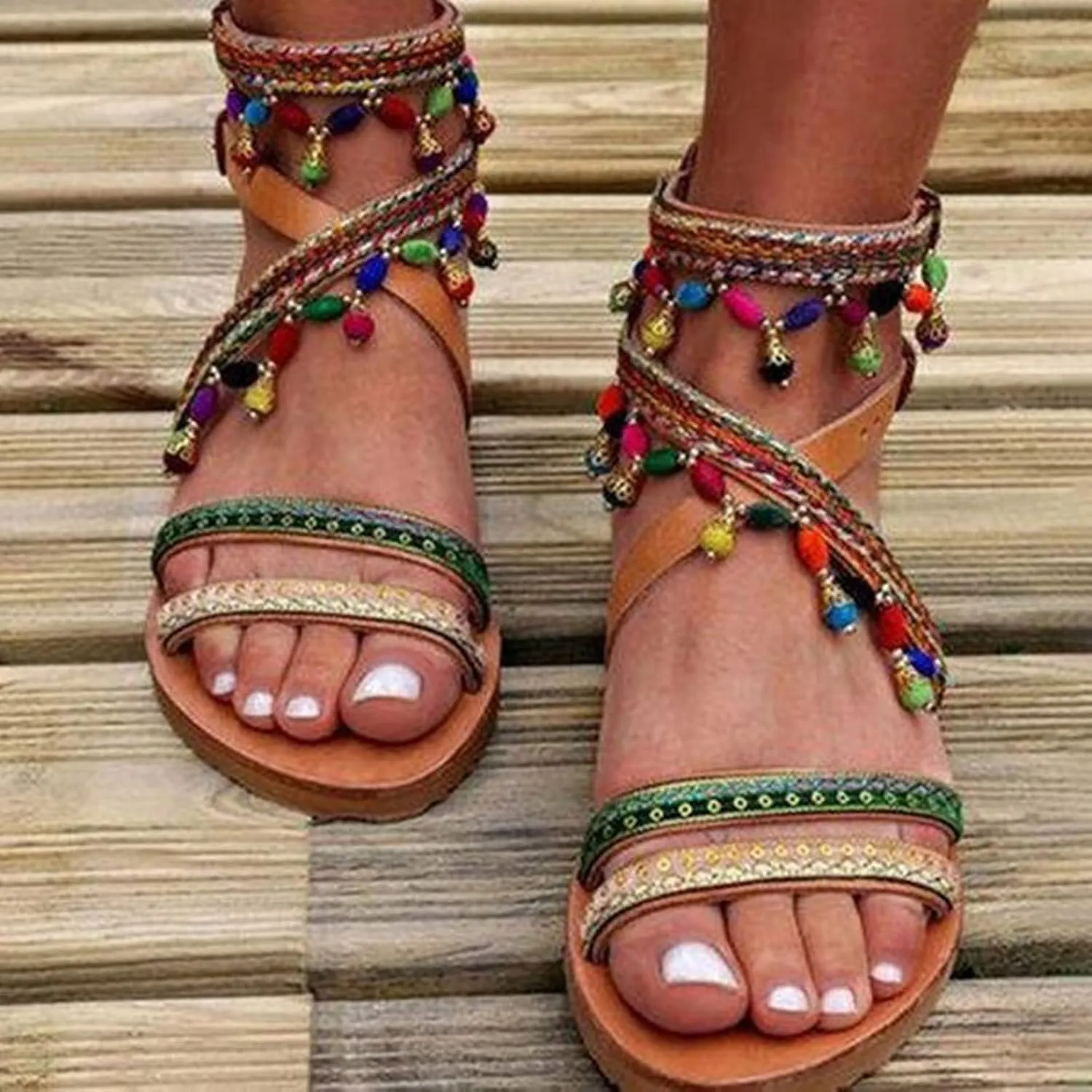 Boho Sandals for Women Flat Summer Fashion Beaded Cross Straps Buckle Round Toe Open Toe Sandalias Lightweight Comfortable Casual Ladies Shoes