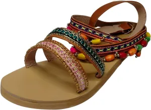 Boho Sandals for Women Flat Summer Fashion Beaded Cross Straps Buckle Round Toe Open Toe Sandalias Lightweight Comfortable Casual Ladies Shoes