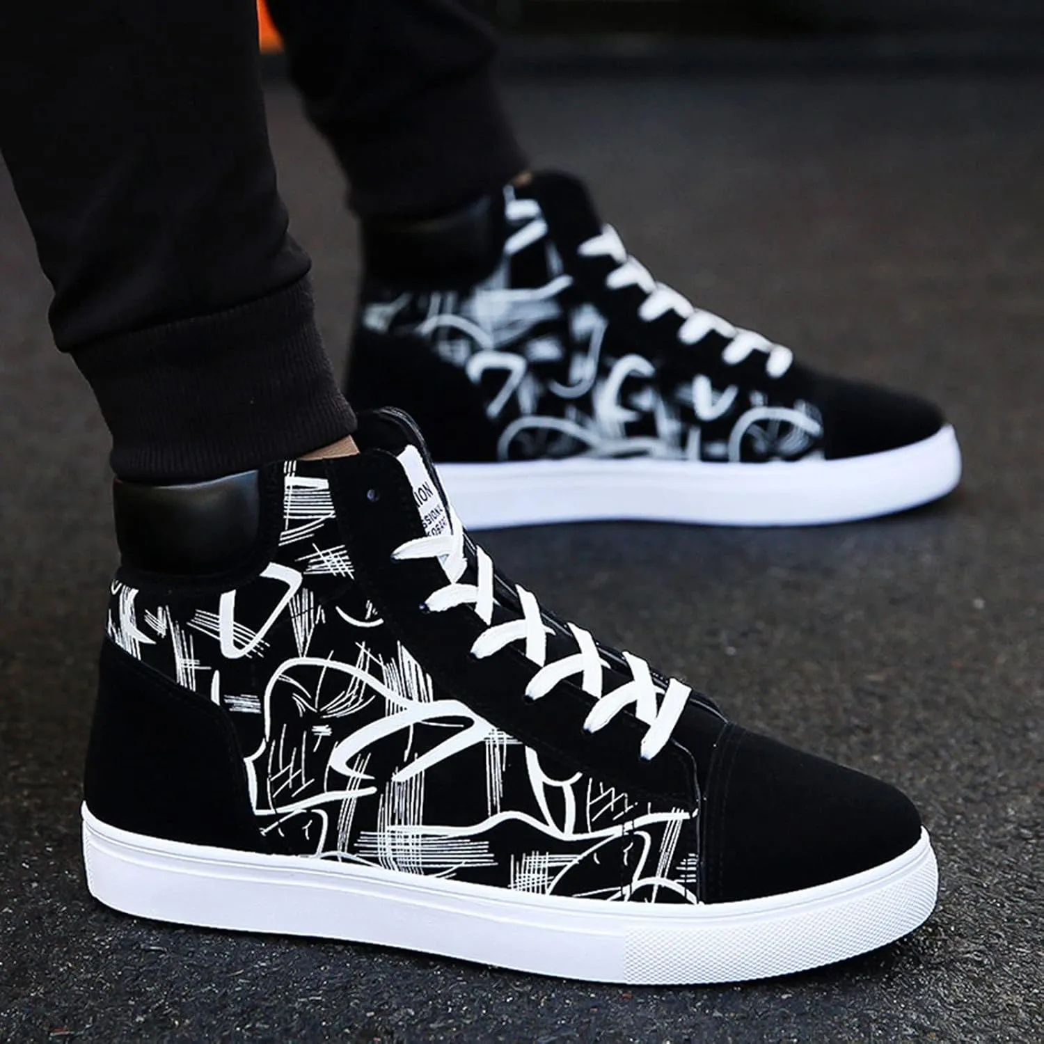 BORAMAX Mens Walking Shoes Slip On High Tops Graffiti Flat Sneaker Men's High Top Non Slip Canvas Tennis Shoes