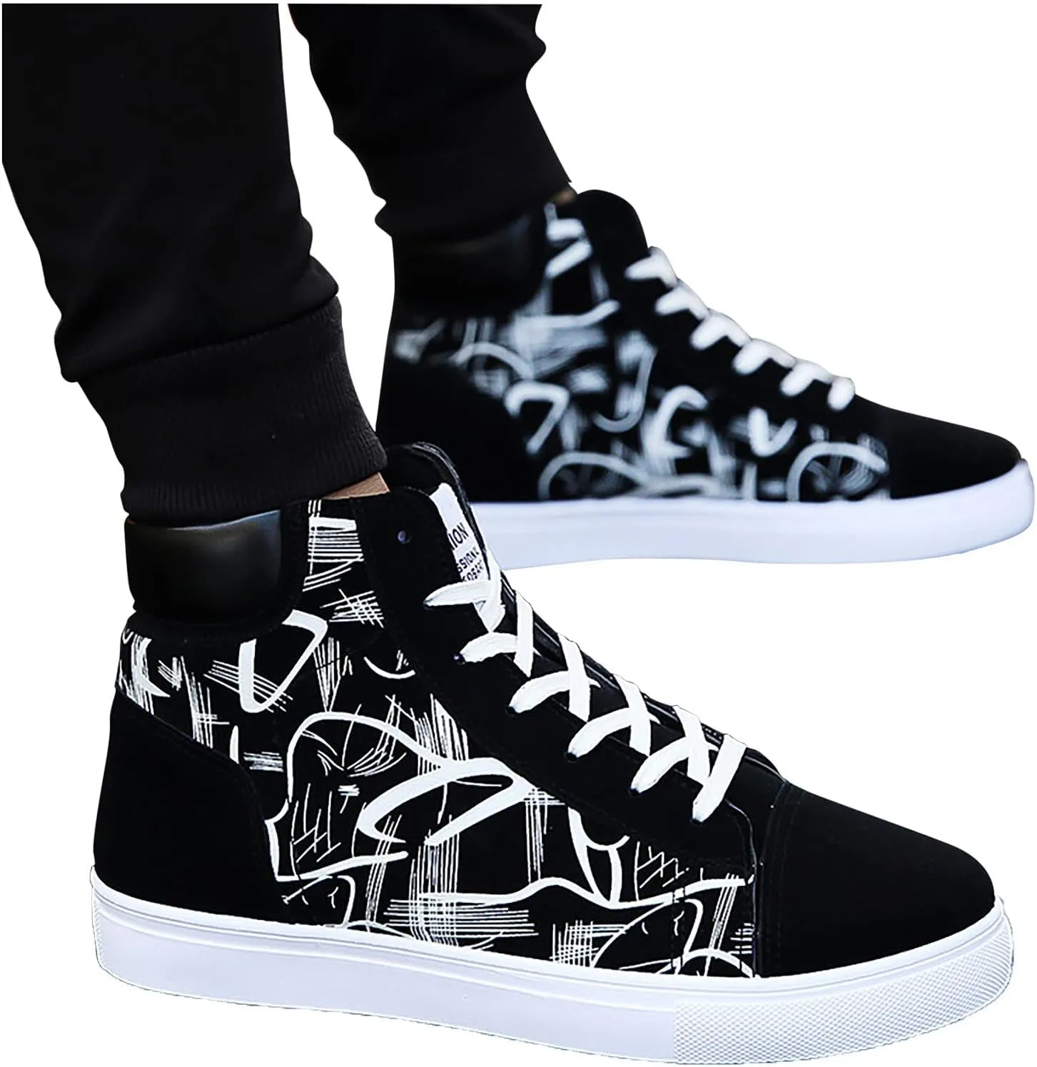 BORAMAX Mens Walking Shoes Slip On High Tops Graffiti Flat Sneaker Men's High Top Non Slip Canvas Tennis Shoes