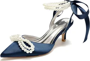 Bride Satin Pearl High Heel Wedding Shoes Womens Bride Pointed Toe Ribbon Tie Prom Evening Heels Formal Party Heeled Sandals Women 6Cm