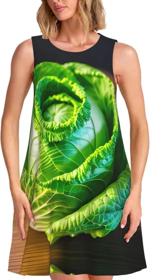 Bright Cabbage Print Practical Women Sleeveless Dressround Neck Casual Summer Dresses for Everyday Wear