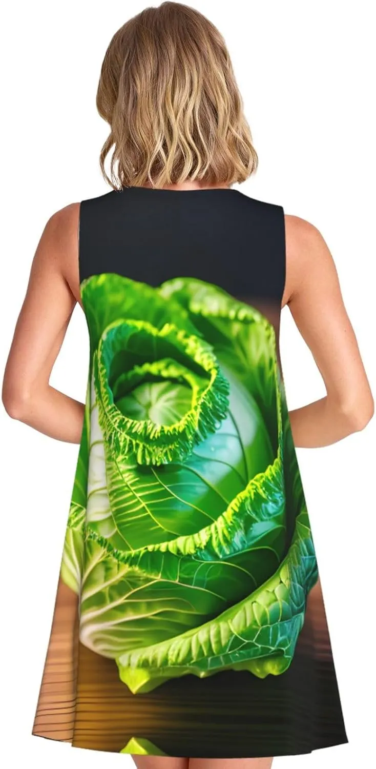 Bright Cabbage Print Practical Women Sleeveless Dressround Neck Casual Summer Dresses for Everyday Wear