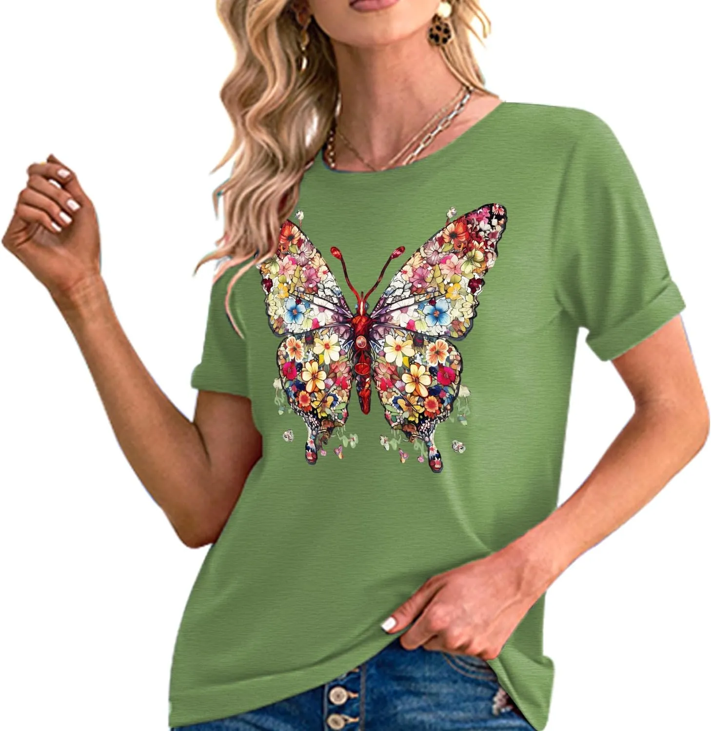 Butterfly T-Shirts for Women Butterflys Flowers Print Shirts Insect Lover Casual Short Sleeved Tops