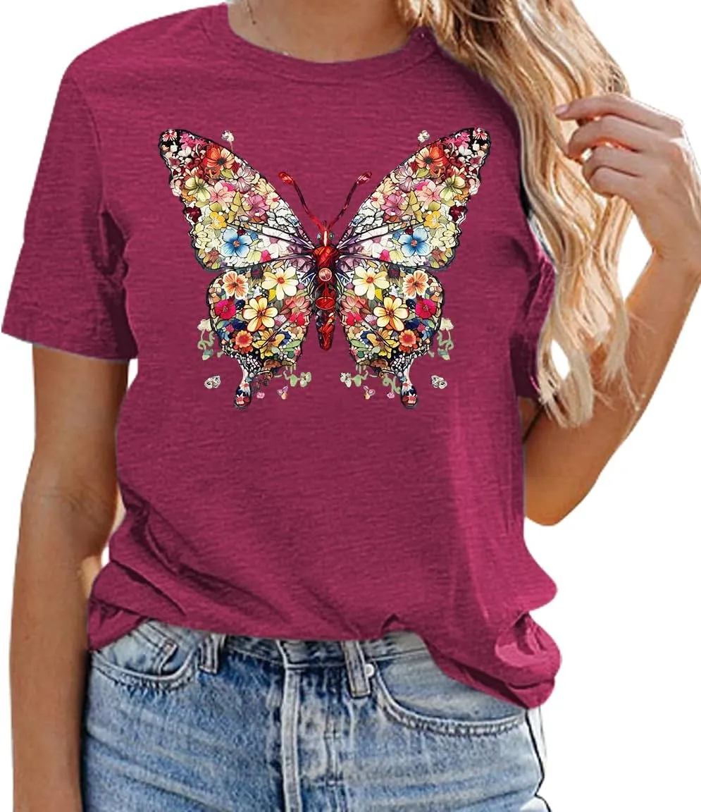 Butterfly T-Shirts for Women Butterflys Flowers Print Shirts Insect Lover Casual Short Sleeved Tops