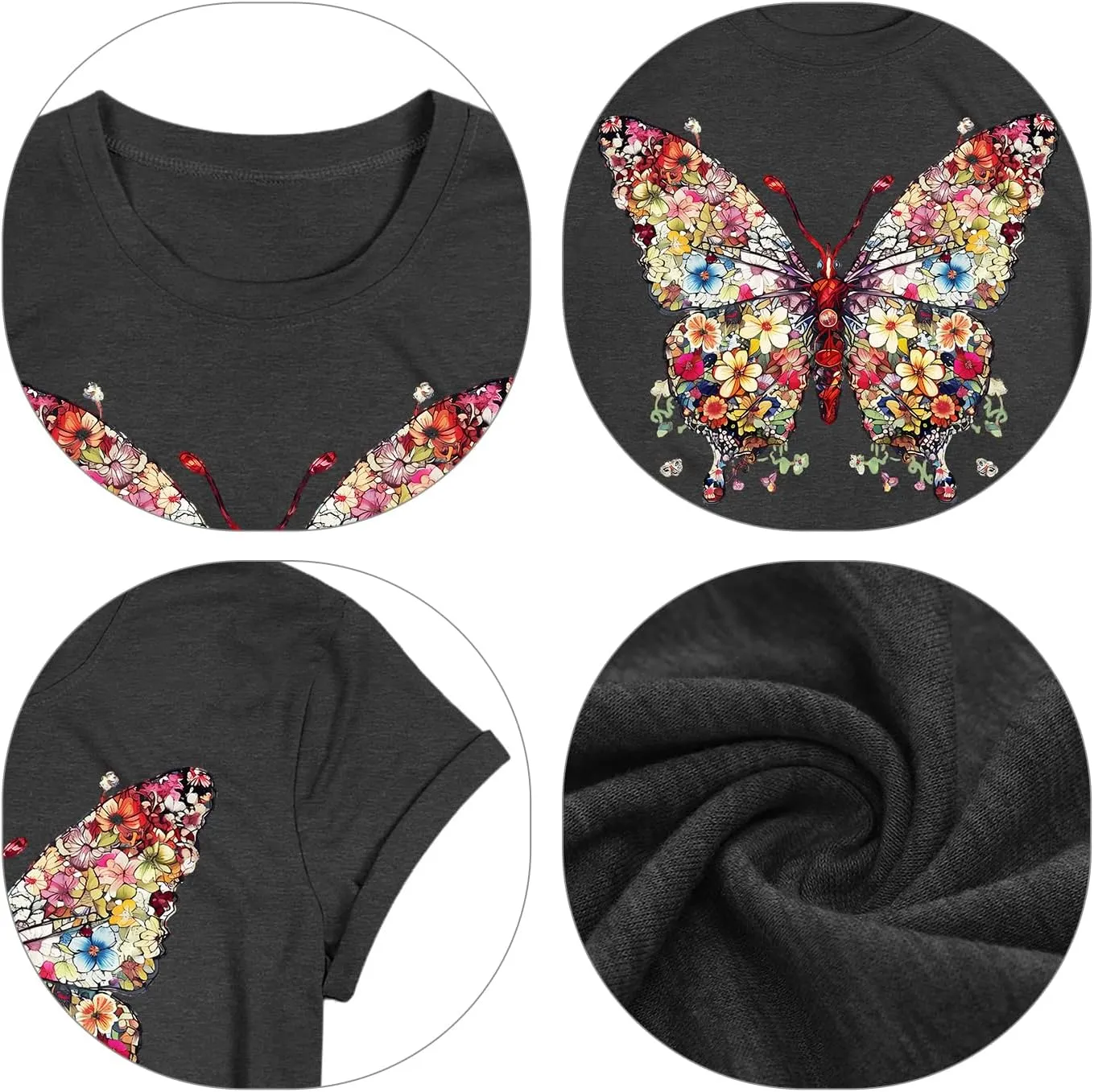 Butterfly T-Shirts for Women Butterflys Flowers Print Shirts Insect Lover Casual Short Sleeved Tops