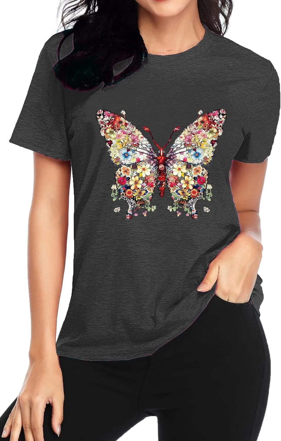 Butterfly T-Shirts for Women Butterflys Flowers Print Shirts Insect Lover Casual Short Sleeved Tops