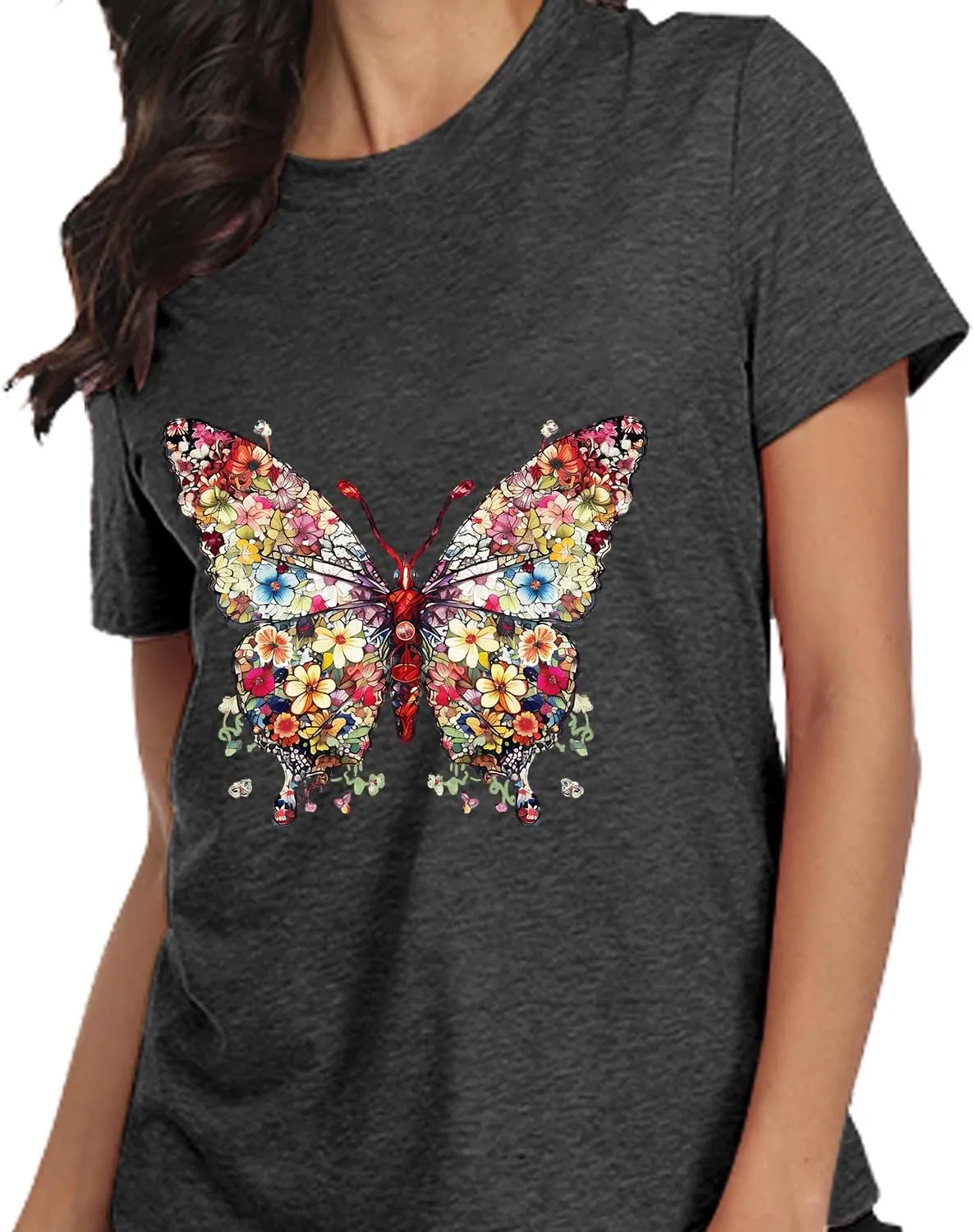 Butterfly T-Shirts for Women Butterflys Flowers Print Shirts Insect Lover Casual Short Sleeved Tops