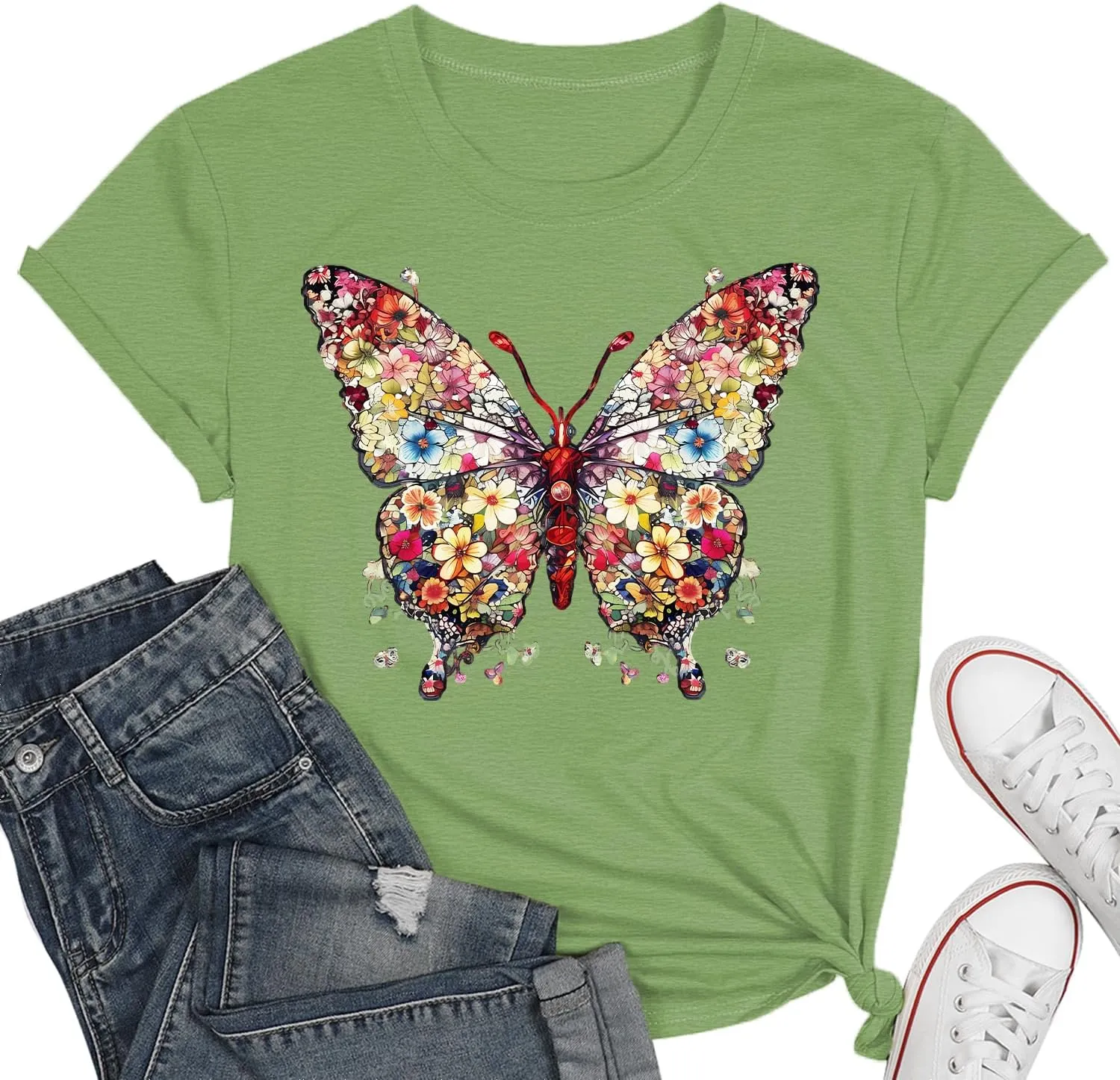 Butterfly T-Shirts for Women Butterflys Flowers Print Shirts Insect Lover Casual Short Sleeved Tops