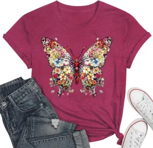 Butterfly T-Shirts for Women Butterflys Flowers Print Shirts Insect Lover Casual Short Sleeved Tops