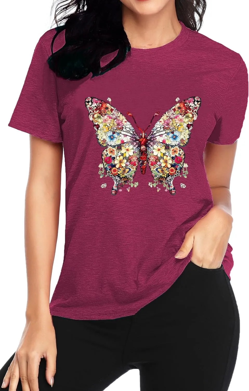 Butterfly T-Shirts for Women Butterflys Flowers Print Shirts Insect Lover Casual Short Sleeved Tops
