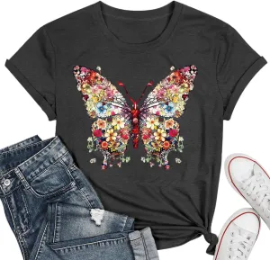 Butterfly T-Shirts for Women Butterflys Flowers Print Shirts Insect Lover Casual Short Sleeved Tops