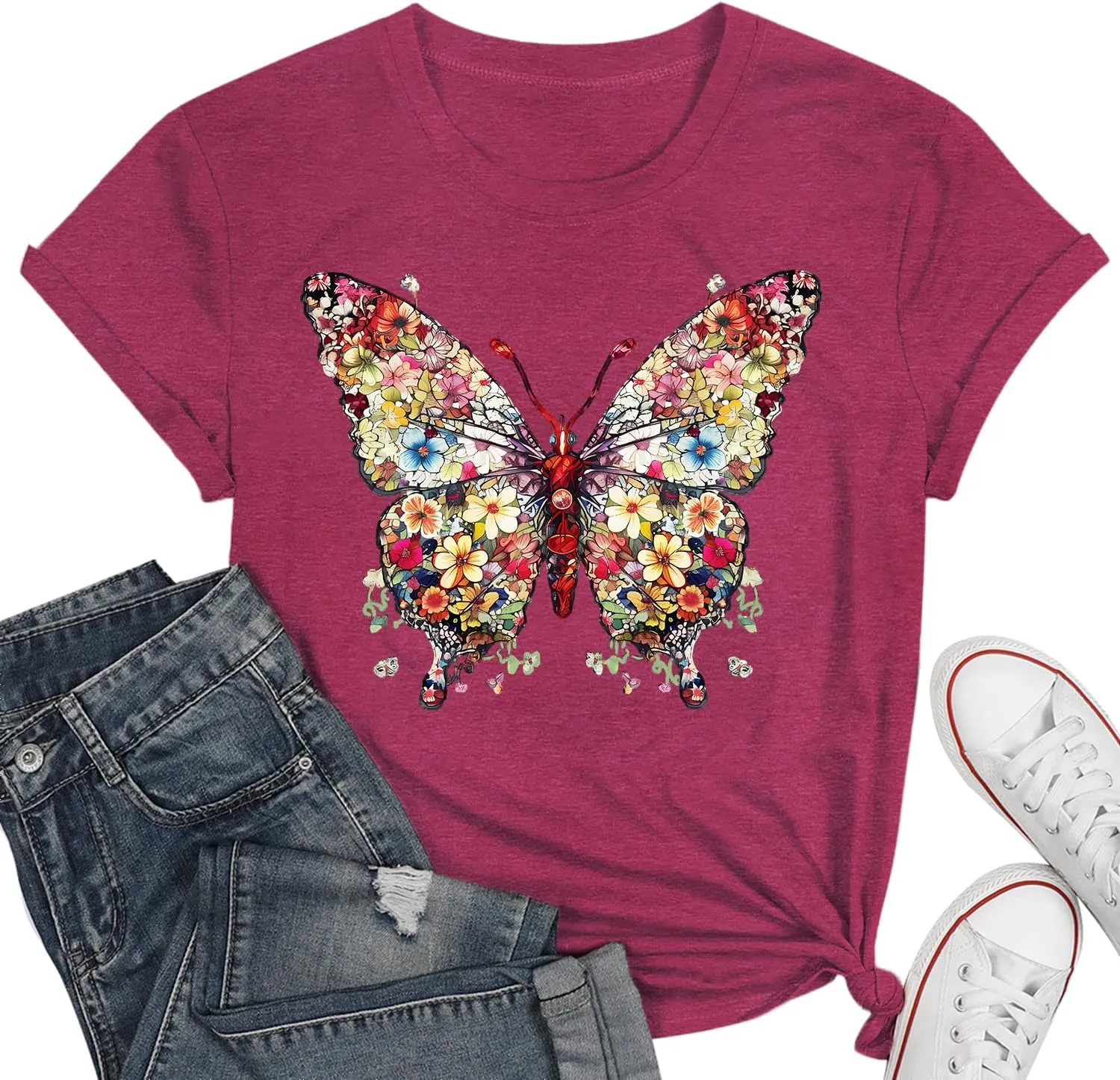 Butterfly T-Shirts for Women Butterflys Flowers Print Shirts Insect Lover Casual Short Sleeved Tops