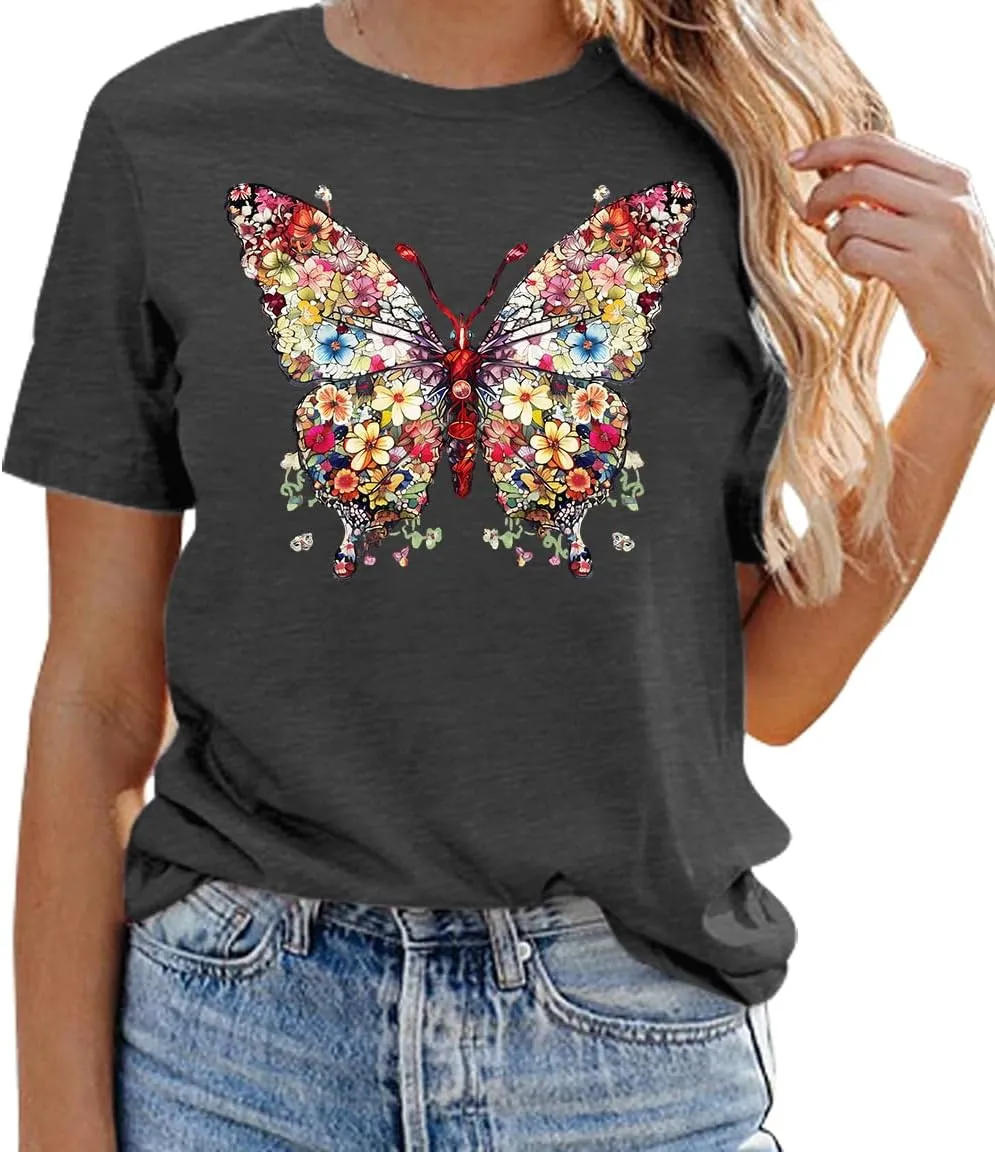 Butterfly T-Shirts for Women Butterflys Flowers Print Shirts Insect Lover Casual Short Sleeved Tops