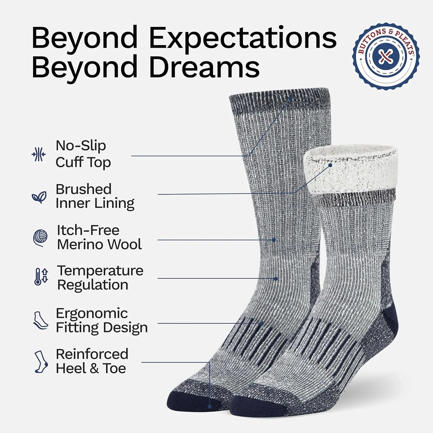 Buttons & Pleats Premium Merino Wool Hiking Socks Outdoor Trail Crew Socks