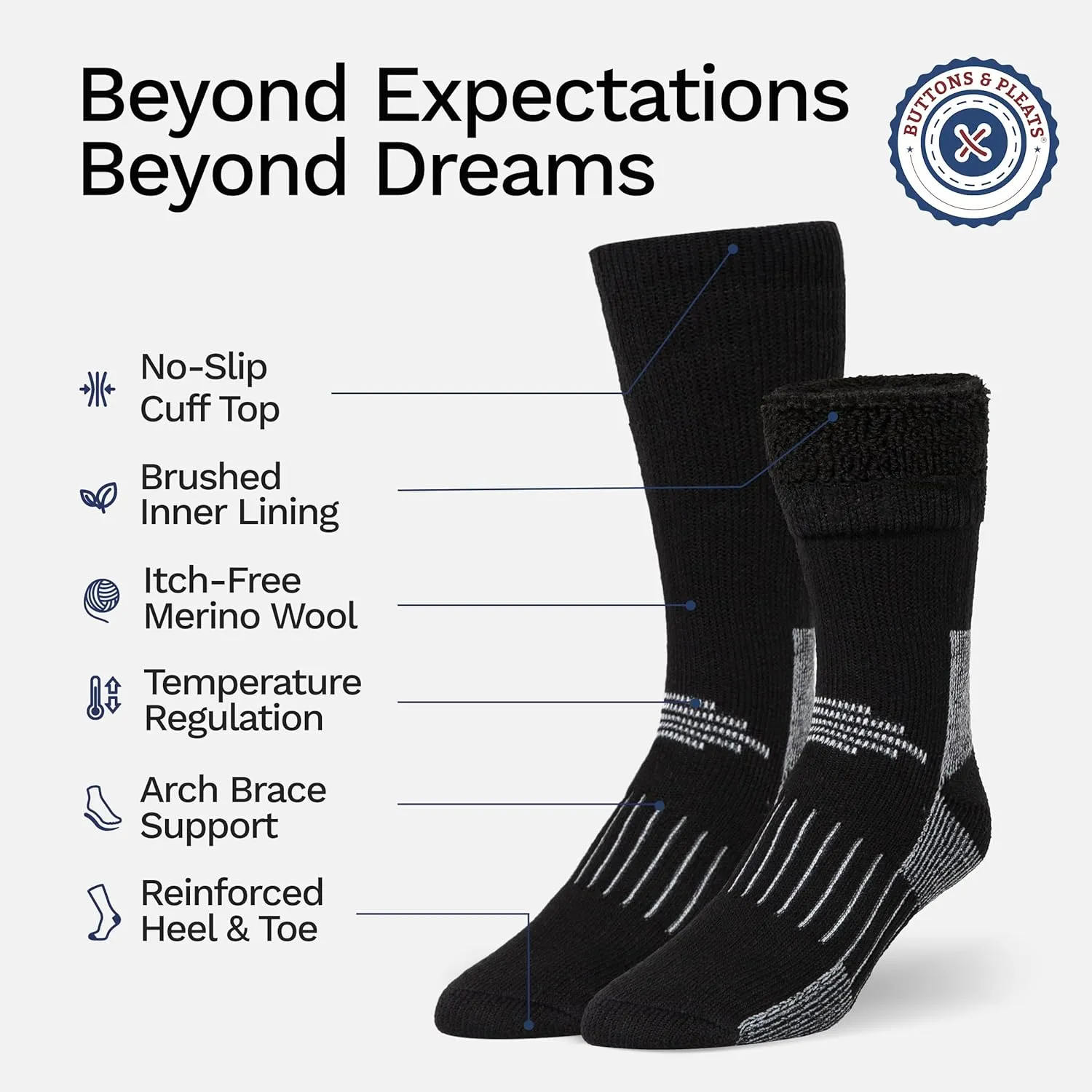 Buttons & Pleats Premium Merino Wool Hiking Socks Outdoor Trail Crew Socks