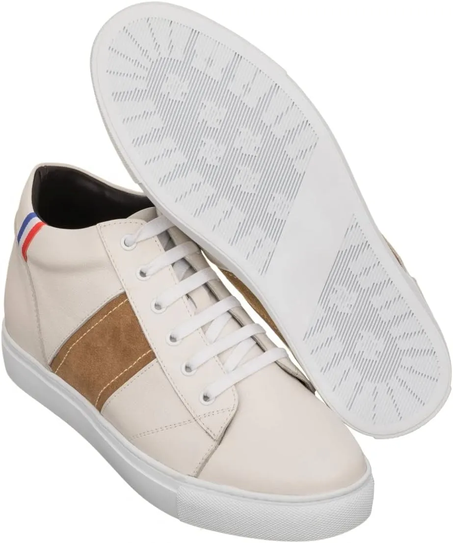 CALTO Men's Invisible Height Increasing Elevator Shoes - Beige White Leather Lace-up Sneakers - 2.8 Inches Taller - K53101 - Size 10 D(M) US