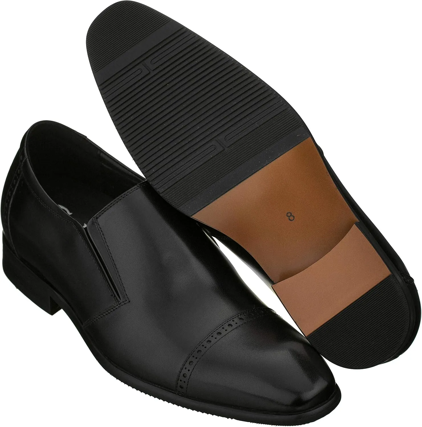 CALTO Men's Invisible Height Increasing Elevator Shoes - Black Leather Slip-on Formal Dress Loafers- 2.4 Inches Taller - Y6115 - Size 7.5 D(M) US