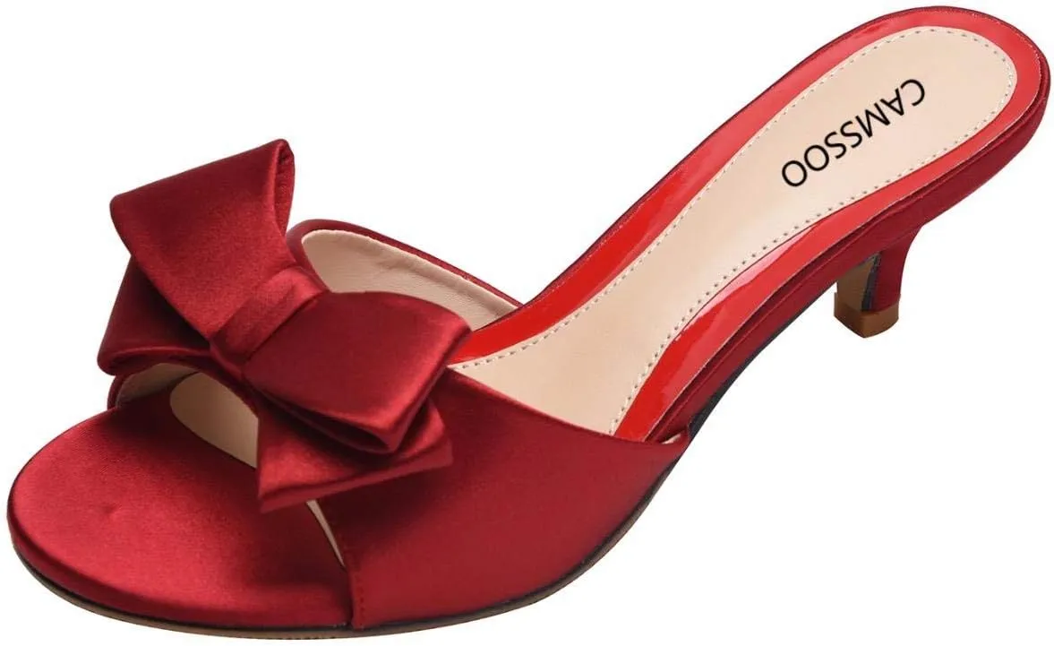 CAMSSOO Women's Satin Kitten Heels Mules Sandals Slip On Bowknot Open Toe Backless Dress Sexy Low Heeled Slipper Slides…