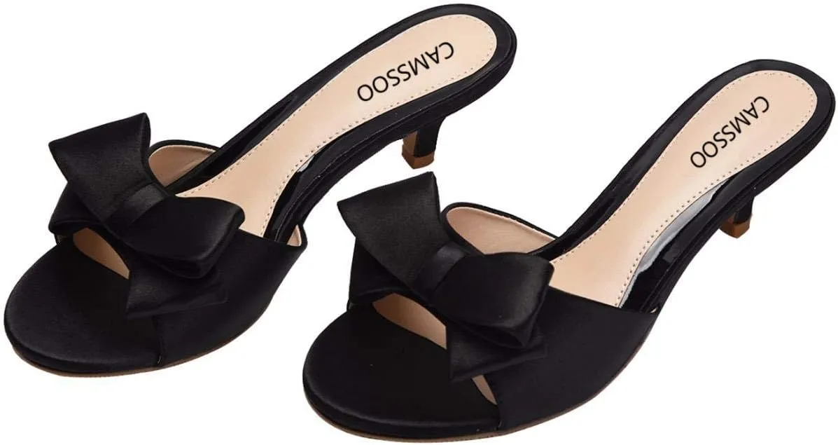 CAMSSOO Women's Satin Kitten Heels Mules Sandals Slip On Bowknot Open Toe Backless Dress Sexy Low Heeled Slipper Slides…