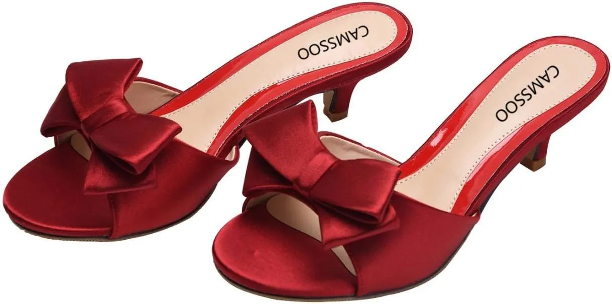 CAMSSOO Women's Satin Kitten Heels Mules Sandals Slip On Bowknot Open Toe Backless Dress Sexy Low Heeled Slipper Slides…