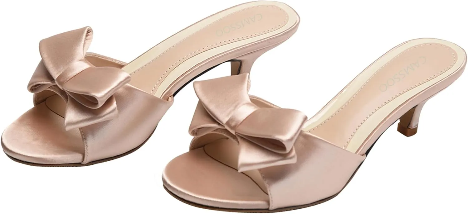 CAMSSOO Women's Satin Kitten Heels Mules Sandals Slip On Bowknot Open Toe Backless Dress Sexy Low Heeled Slipper Slides…