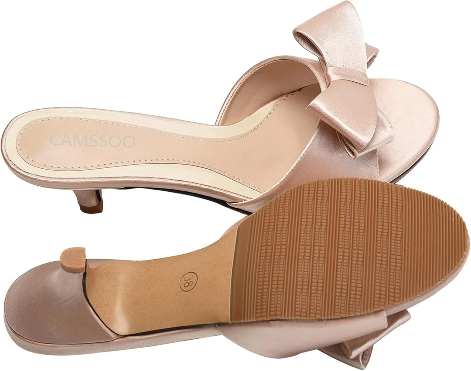 CAMSSOO Women's Satin Kitten Heels Mules Sandals Slip On Bowknot Open Toe Backless Dress Sexy Low Heeled Slipper Slides…