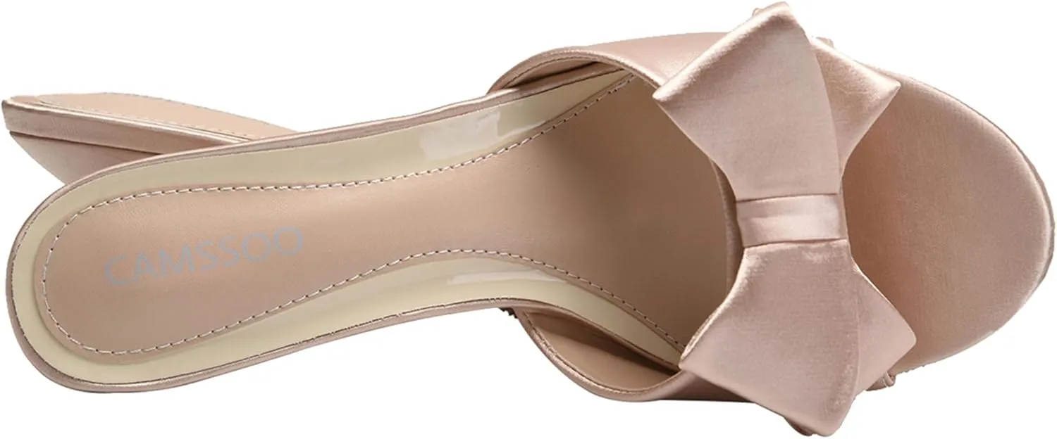 CAMSSOO Women's Satin Kitten Heels Mules Sandals Slip On Bowknot Open Toe Backless Dress Sexy Low Heeled Slipper Slides…