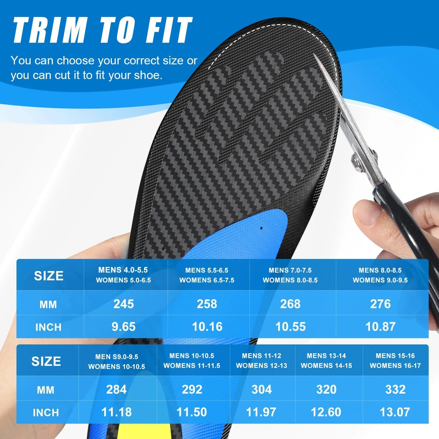 Carbon Fiber Insole with Arch Support for Long Periods of Standing, Jogging, Hiking and Other Outdoor Sports, as Well as a Work Boot Insole. (Blue, M：9.5/10丨W：10.5/11（290mm）)