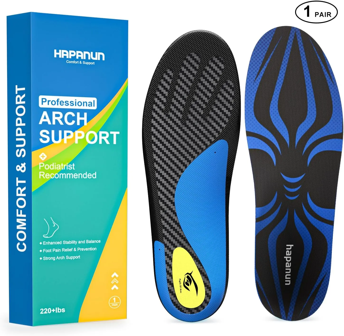 Carbon Fiber Insole with Arch Support for Long Periods of Standing, Jogging, Hiking and Other Outdoor Sports, as Well as a Work Boot Insole. (Blue, M：9.5/10丨W：10.5/11（290mm）)