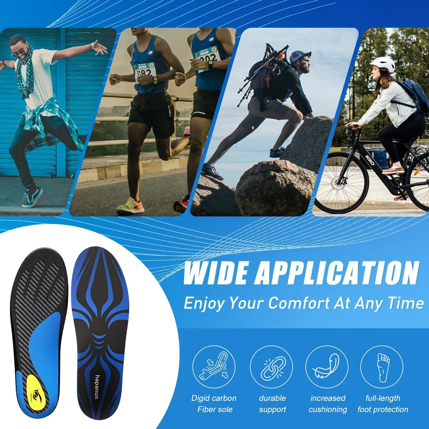 Carbon Fiber Insole with Arch Support for Long Periods of Standing, Jogging, Hiking and Other Outdoor Sports, as Well as a Work Boot Insole. (Blue, M：9.5/10丨W：10.5/11（290mm）)