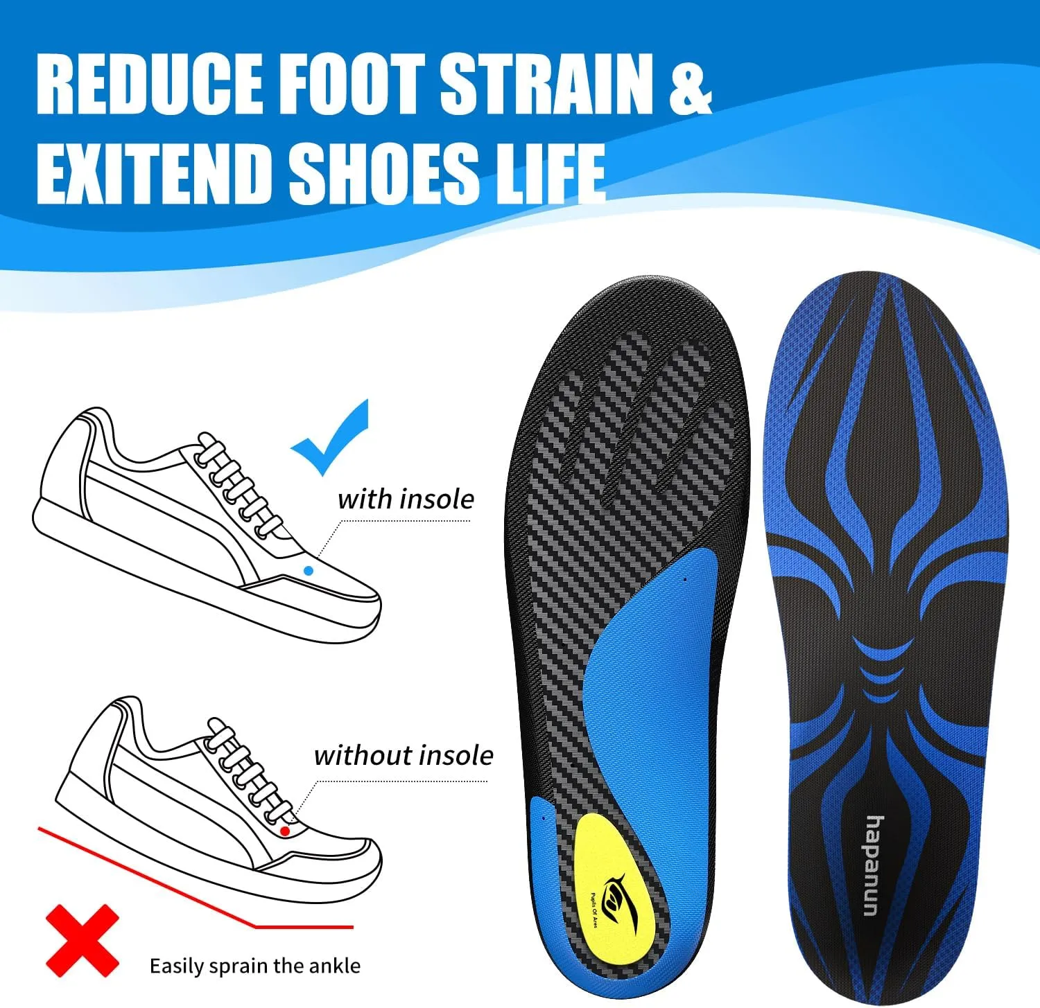 Carbon Fiber Insole with Arch Support for Long Periods of Standing, Jogging, Hiking and Other Outdoor Sports, as Well as a Work Boot Insole. (Blue, M：9.5/10丨W：10.5/11（290mm）)