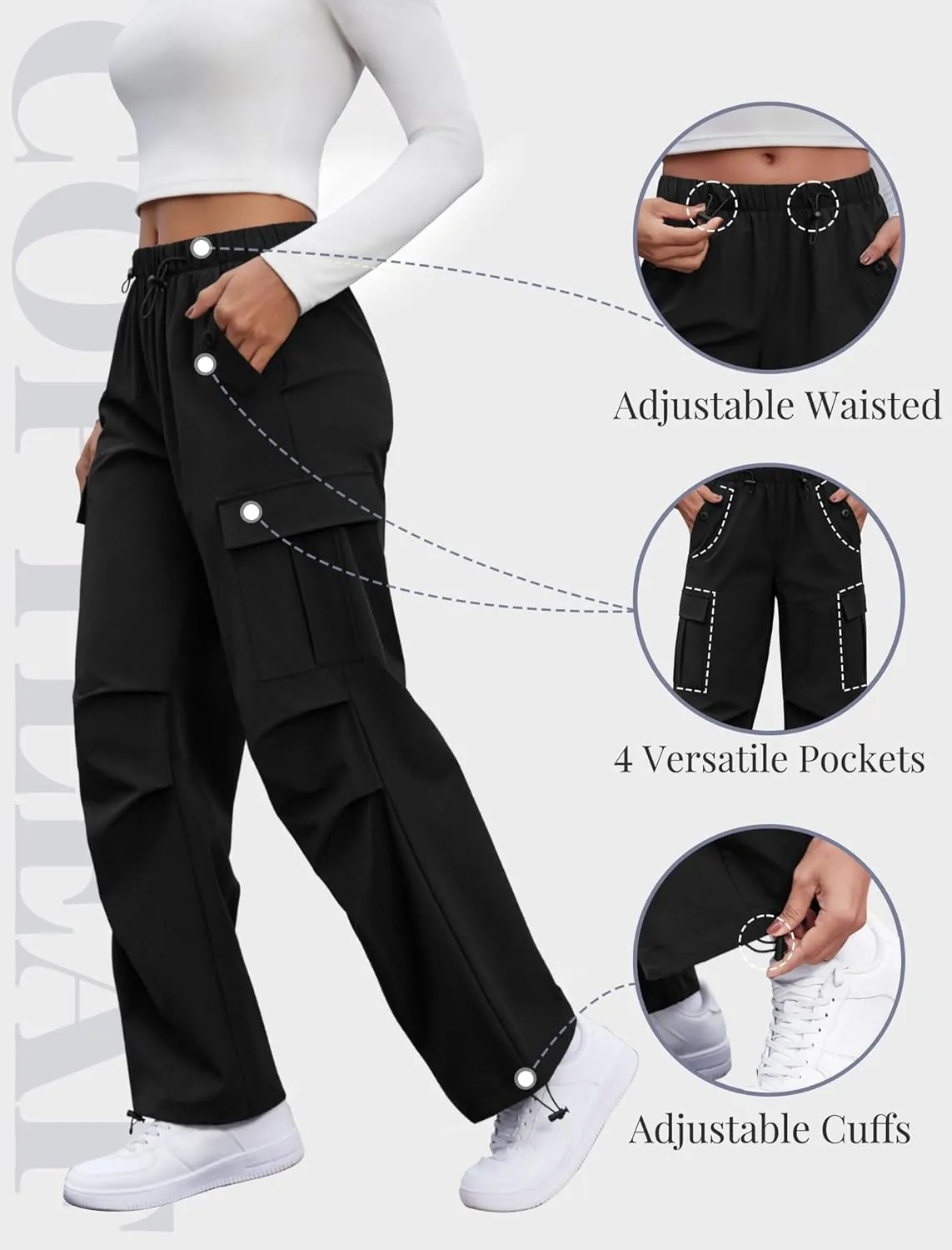 Cargo Pants Women Elastic Waisted Parachute Hiking Pants with Pockets Water-Resistant Lightweight Baggy Pants