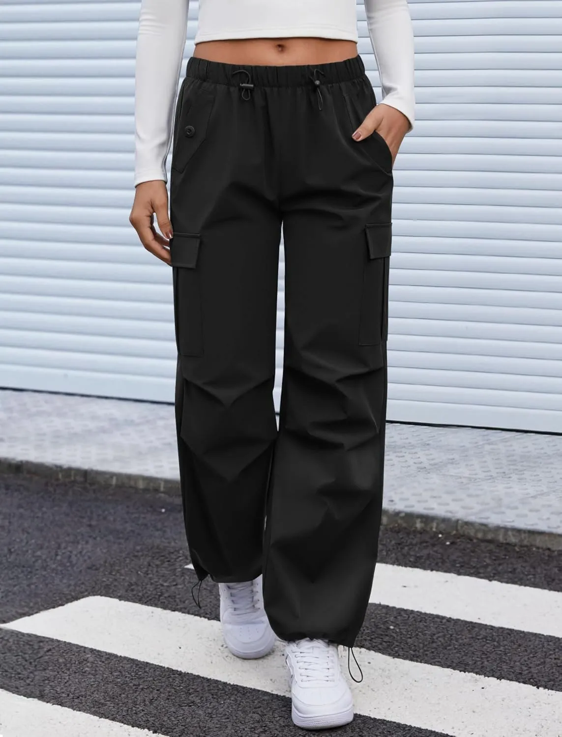 Cargo Pants Women Elastic Waisted Parachute Hiking Pants with Pockets Water-Resistant Lightweight Baggy Pants